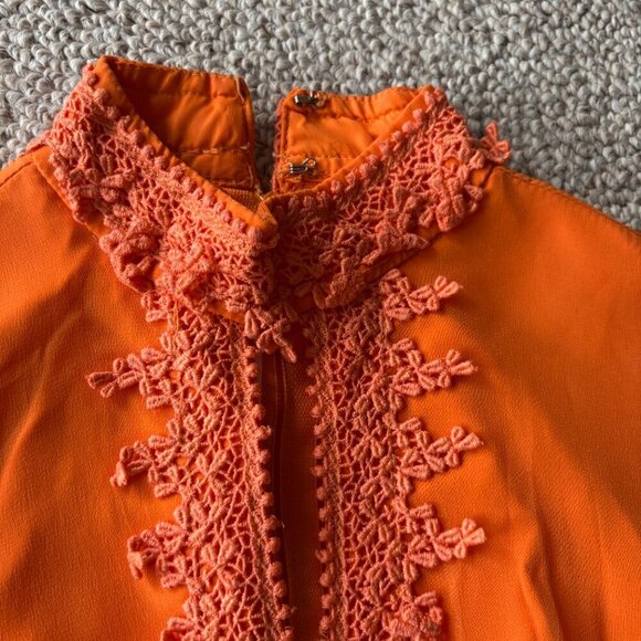 Vintage 1970s Orange Boho Prairie Dress Lace Keyhole Neck – Size S - Picture 7 of 16